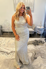 Long Prom Dress with Sparkly Silver Sequins in Sheath Style
