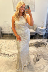 Long Prom Dress with Sparkly Silver Sequins in Sheath Style