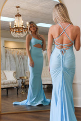 Long Satin Prom Dress in Light Blue with Sheath Cut-Out Design