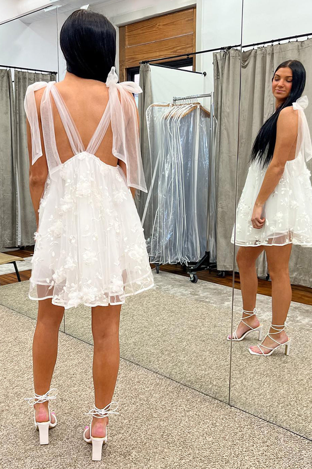 Short A-Line Prom Dress in White Tulle with Applique