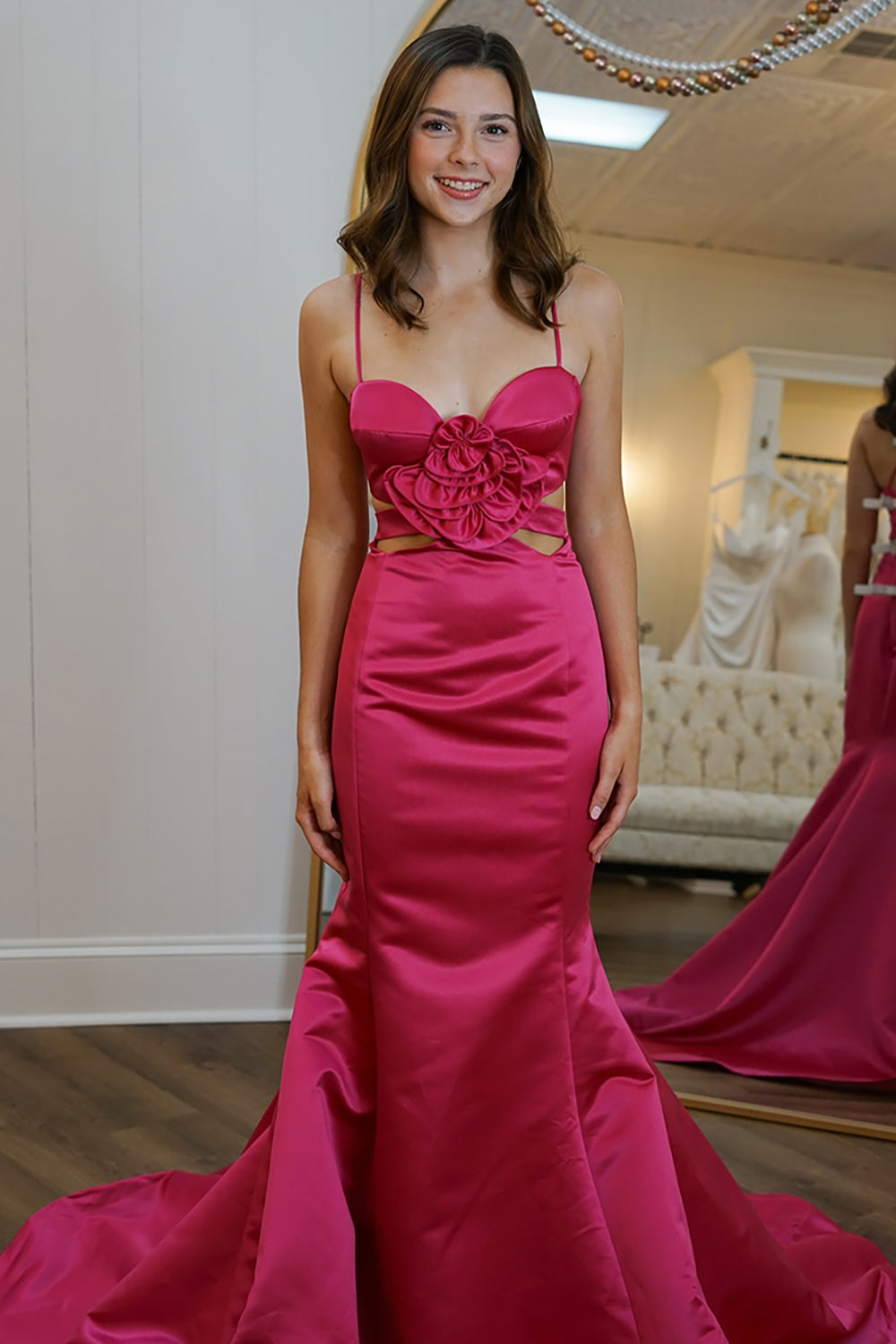 Long Red Satin Prom Dress with Mermaid Cut-Out and Floral Details