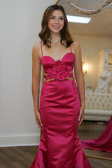 Long Red Satin Prom Dress with Mermaid Cut-Out and Floral Details