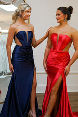 Long Navy Satin Prom Dress with Strapless Cut-Out and Slit