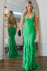 Long Prom Dress in Green Satin with Ruffles and Cut-Out Details