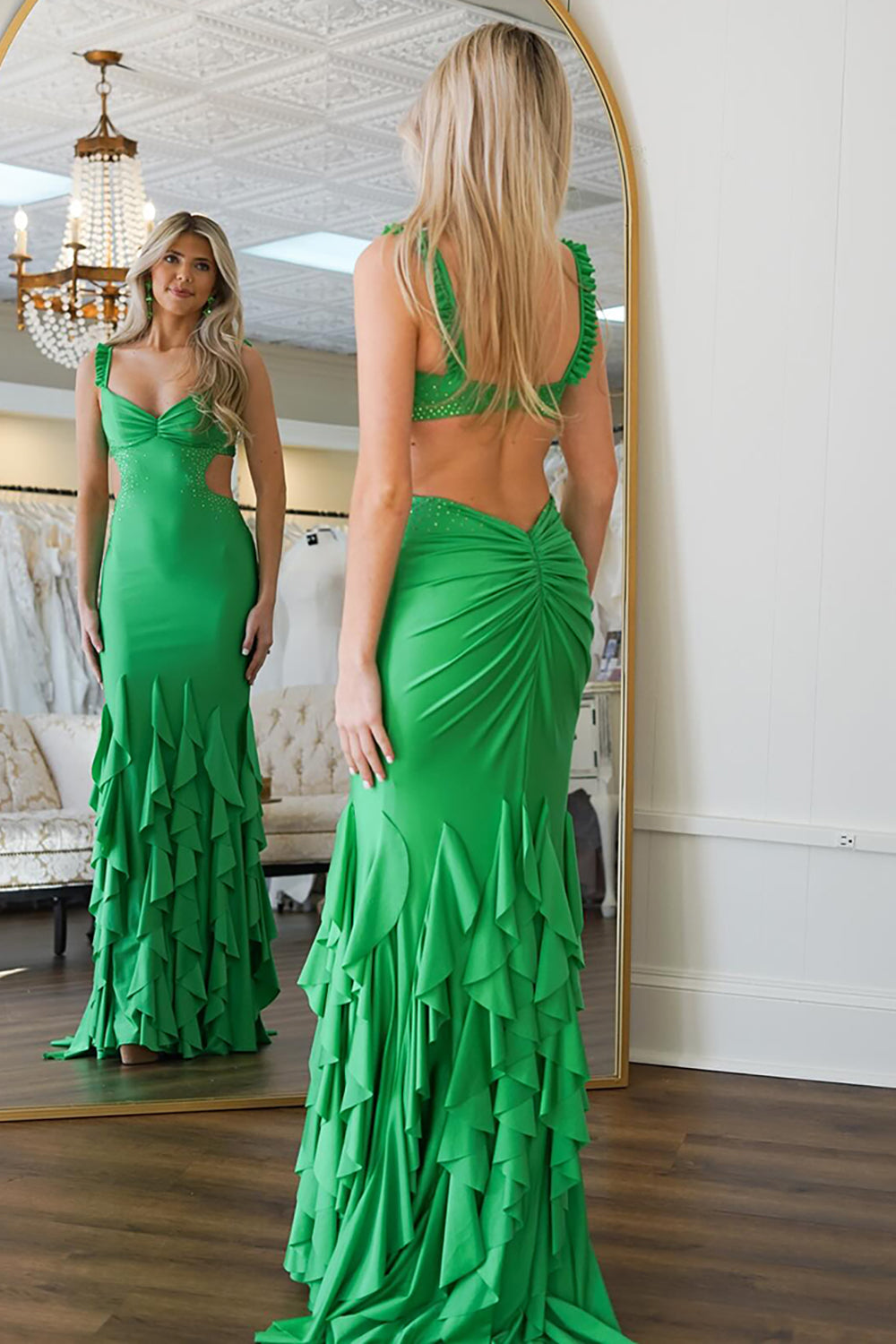 Long Prom Dress in Green Satin with Ruffles and Cut-Out Details