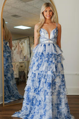 Long Prom Dress in Blue and White with Tiered Tulle Ball Gown