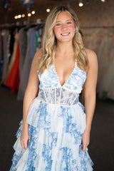 Long Corset Prom Dress in White Blue with Tulle Ball Gown