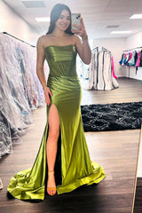 Long Olive Satin Prom Dress with Corset and Slit