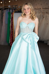 Long A-Line Prom Dress in Light Green Satin with Corset and Bow