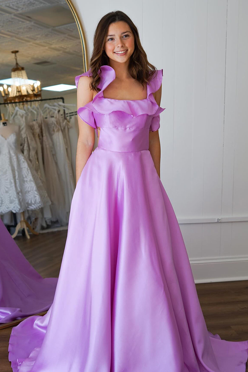 Long Satin Prom Dress with Lavender Ruffles and Square Neckline