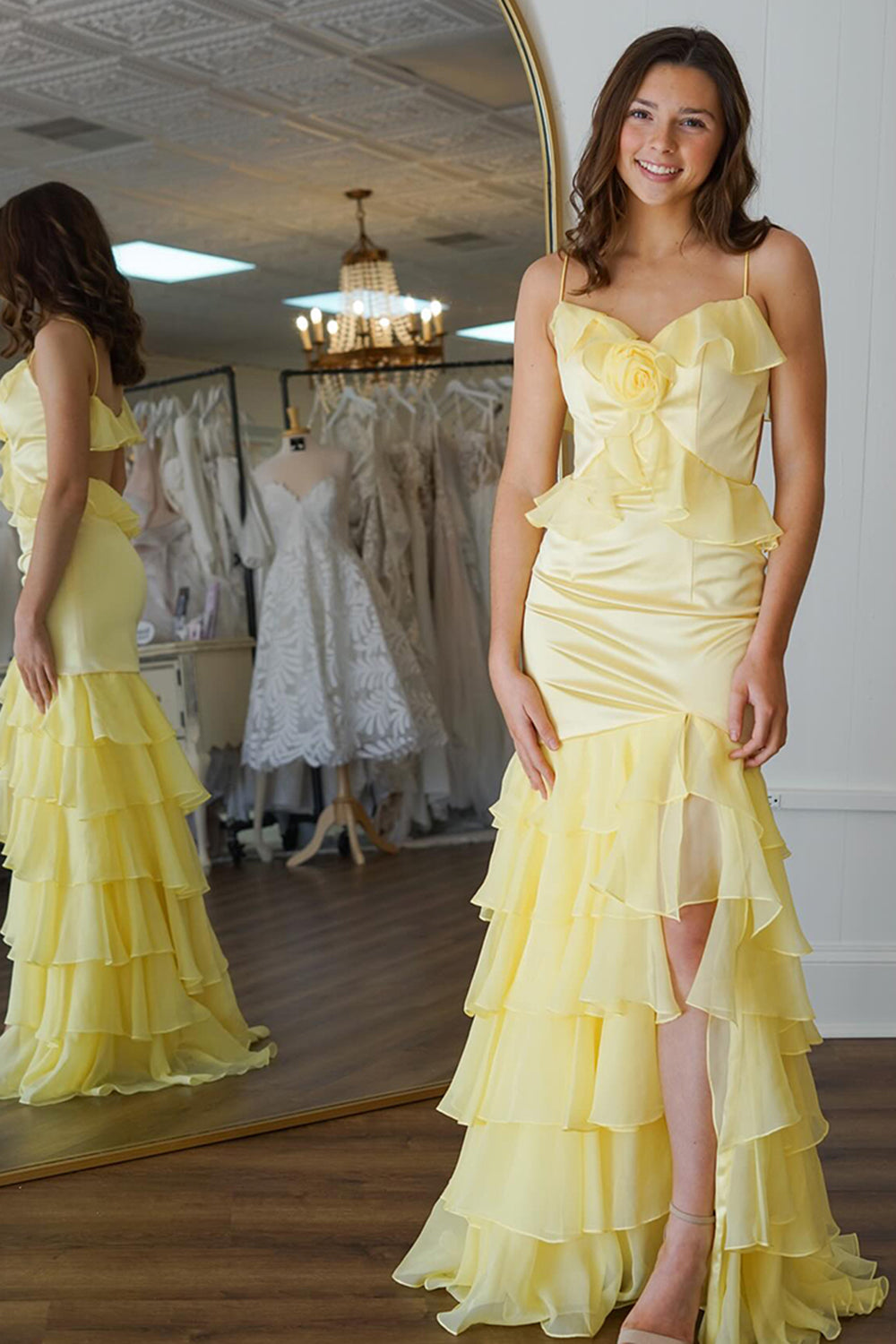 Long Prom Dress in Yellow Satin with Tiered Ruffles and Flower Accent