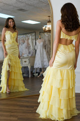 Long Prom Dress in Yellow Satin with Tiered Ruffles and Flower Accent
