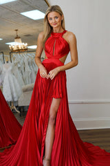 Long Red Satin Prom Dress with Keyhole Cut-Out Pleats and Slit