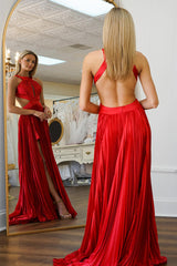 Long Red Satin Prom Dress with Keyhole Cut-Out Pleats and Slit