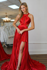 Long Red Satin Prom Dress with Keyhole Cut-Out Pleats and Slit