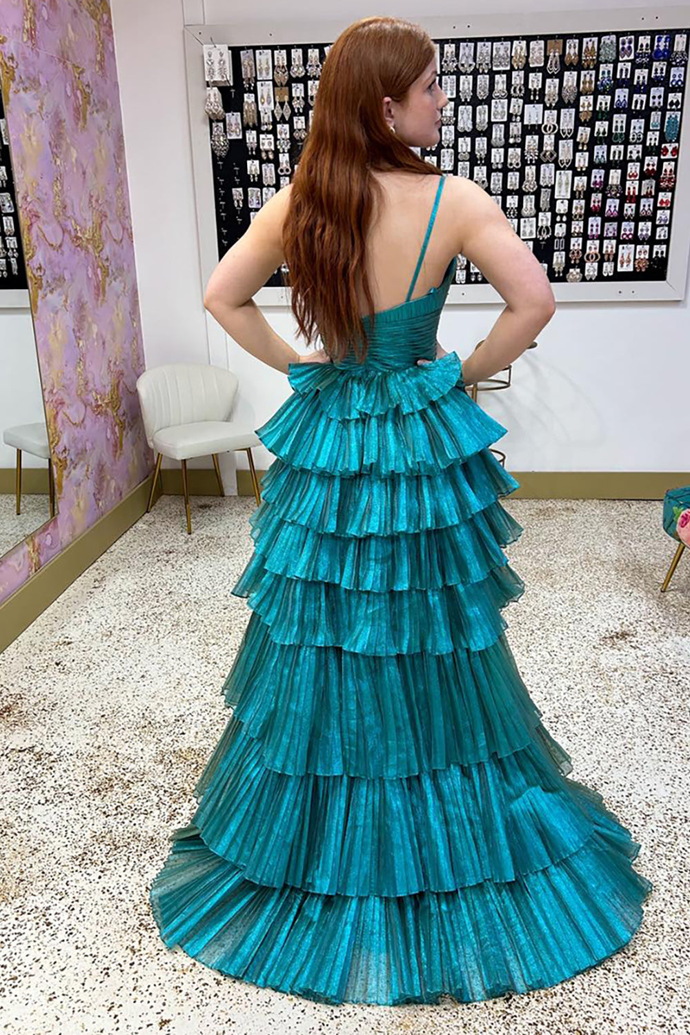 Tiered High Low Prom Dress in Peacock Green Satin with A Line Design