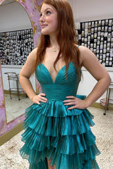 Tiered High Low Prom Dress in Peacock Green Satin with A Line Design
