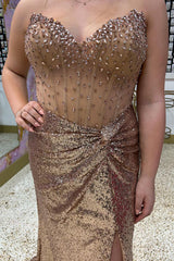 Plus Size Long Prom Dress in Metallic Gold with Corset Sheath and Slit
