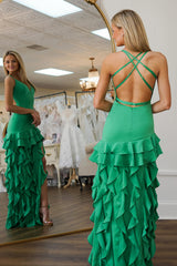 Long Tiered Prom Dress in Green Satin with Sheath Silhouette and Slit