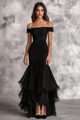 Long Formal Black Mermaid Dress with Chiffon Tiered Applique