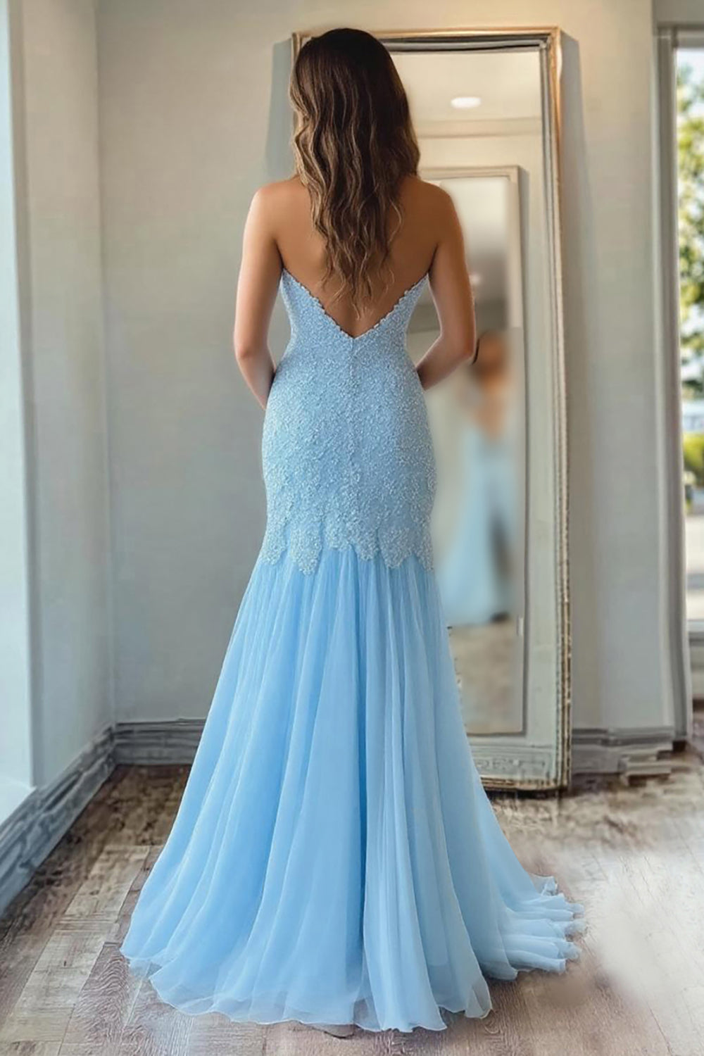 Long Sky Blue Prom Dress in Mermaid Style with Chiffon Lace and Slit