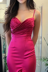 Long Asymmetrical Prom Dress in Fuchsia Mermaid Satin with Ruched Detail