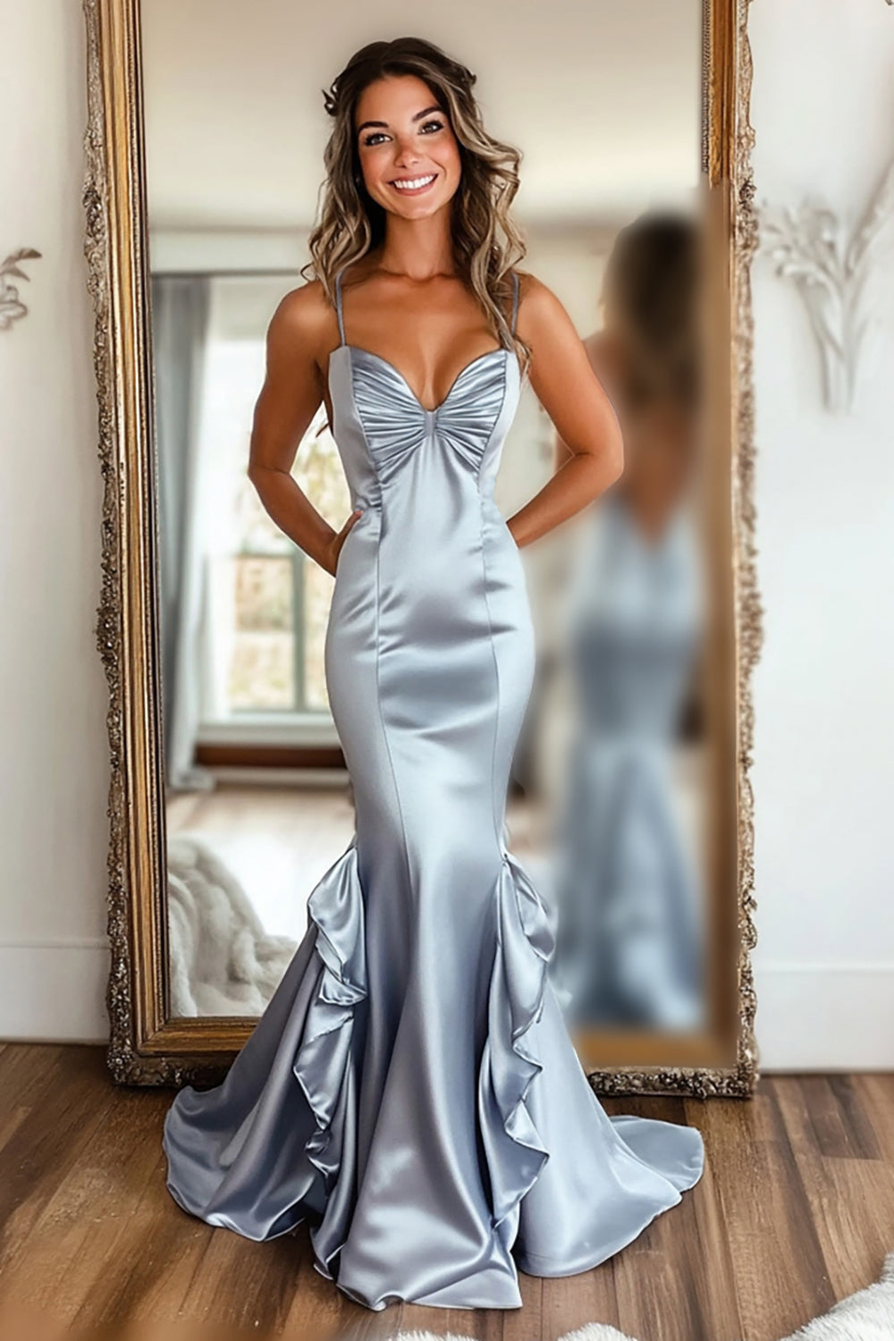 Long Silver Prom Dress with Mermaid Silhouette Satin Ruffles and Ruched Details