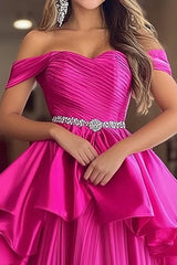 Long Fuchsia Prom Dress in Satin with Pleated Ruffles and Ruched Ball Gown