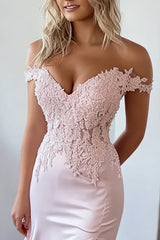 Long Off-the-Shoulder Pink Mermaid Prom Dress with Laced Satin and Slit