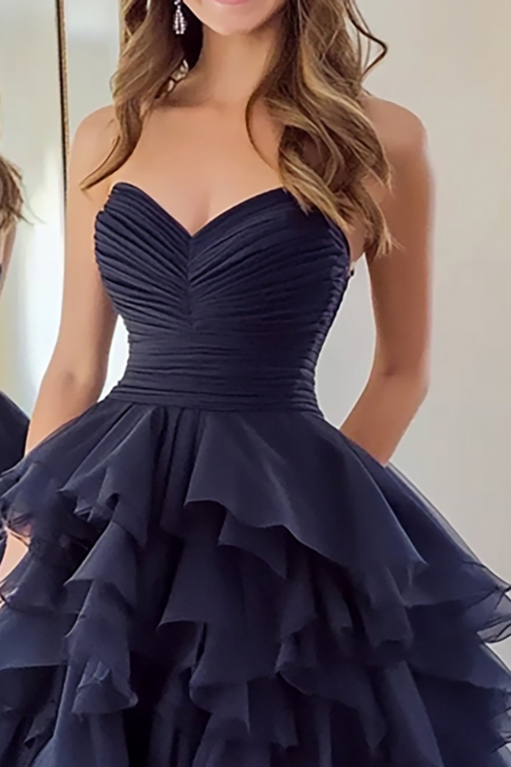 Long Navy Prom Dress in Tulle with Ruffles and Ball Gown Silhouette