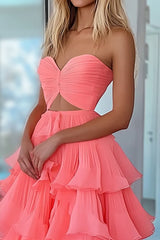 Long Prom Dress in Tulle with Cut-Out Tiered Design and Sunset Hue