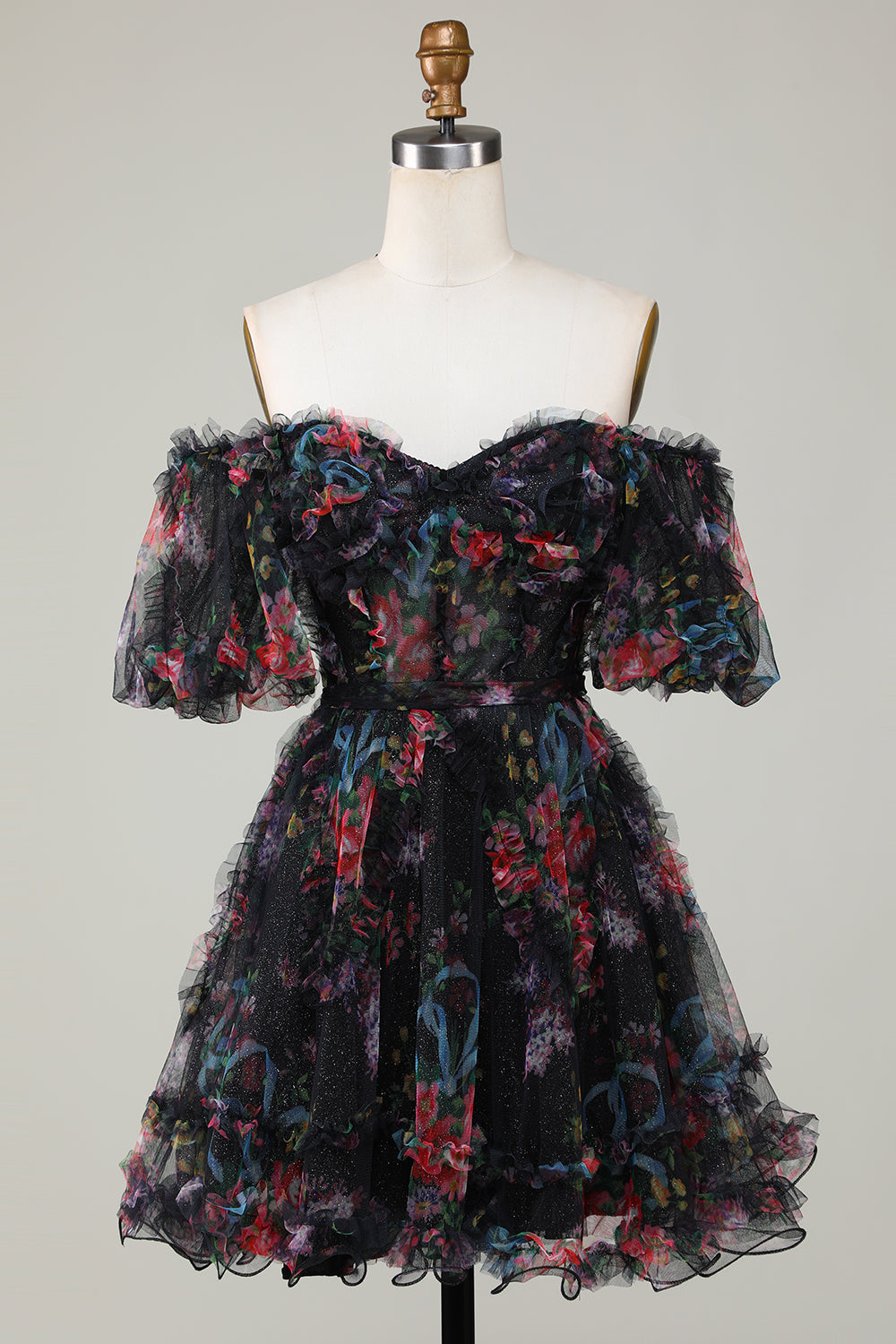 Green Off the Shoulder Printed Tiered A Line Short Homecoming Dress/Mini Dress