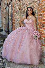 Sparkly Pink Sweetheart Ball Gown with Tulle Applique for Quinceanera