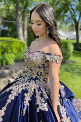 Off-the-Shoulder Quinceanera Ball Gown in Navy with Appliques