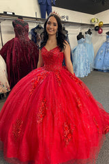Sparkly Red Quinceanera Dress with Spaghetti Straps and Appliques Corset