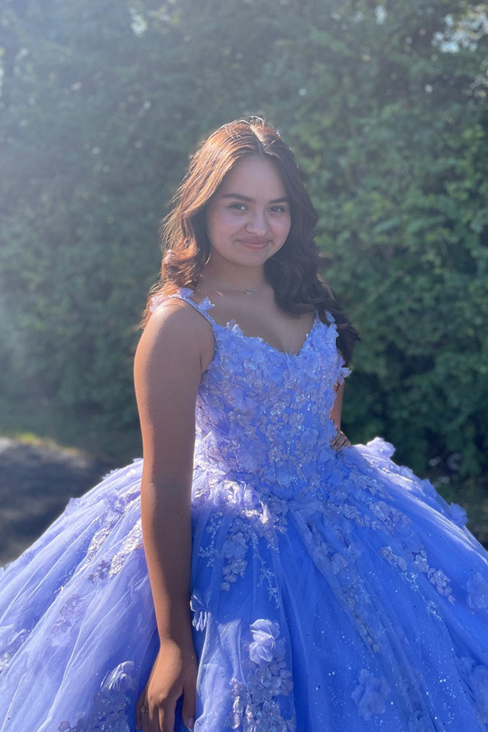 Sparkly Quinceanera Dress with 3D Flowers and Purple Ball Gown Spaghetti Straps