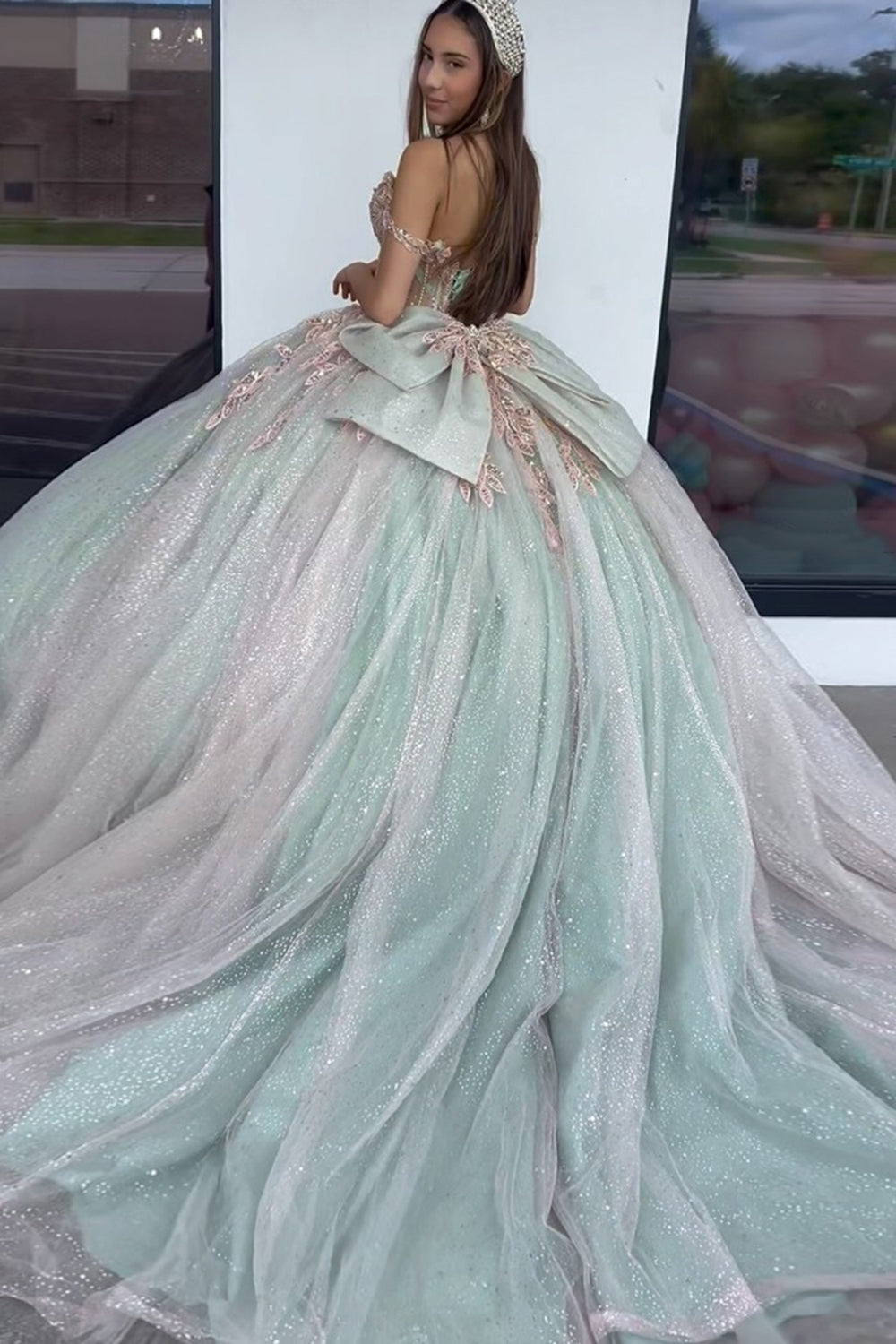 Off-the-Shoulder Quinceanera Dress in Sparkly Green with Appliques