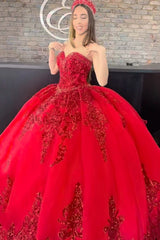 Sweetheart Ball Gown Quinceanera Dress in Red with Corset and Appliques