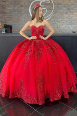 Sweetheart Ball Gown Quinceanera Dress in Red with Corset and Appliques