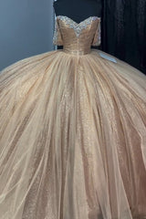 Off the Shoulder Quinceanera Dress in Sparkly Champagne Tulle