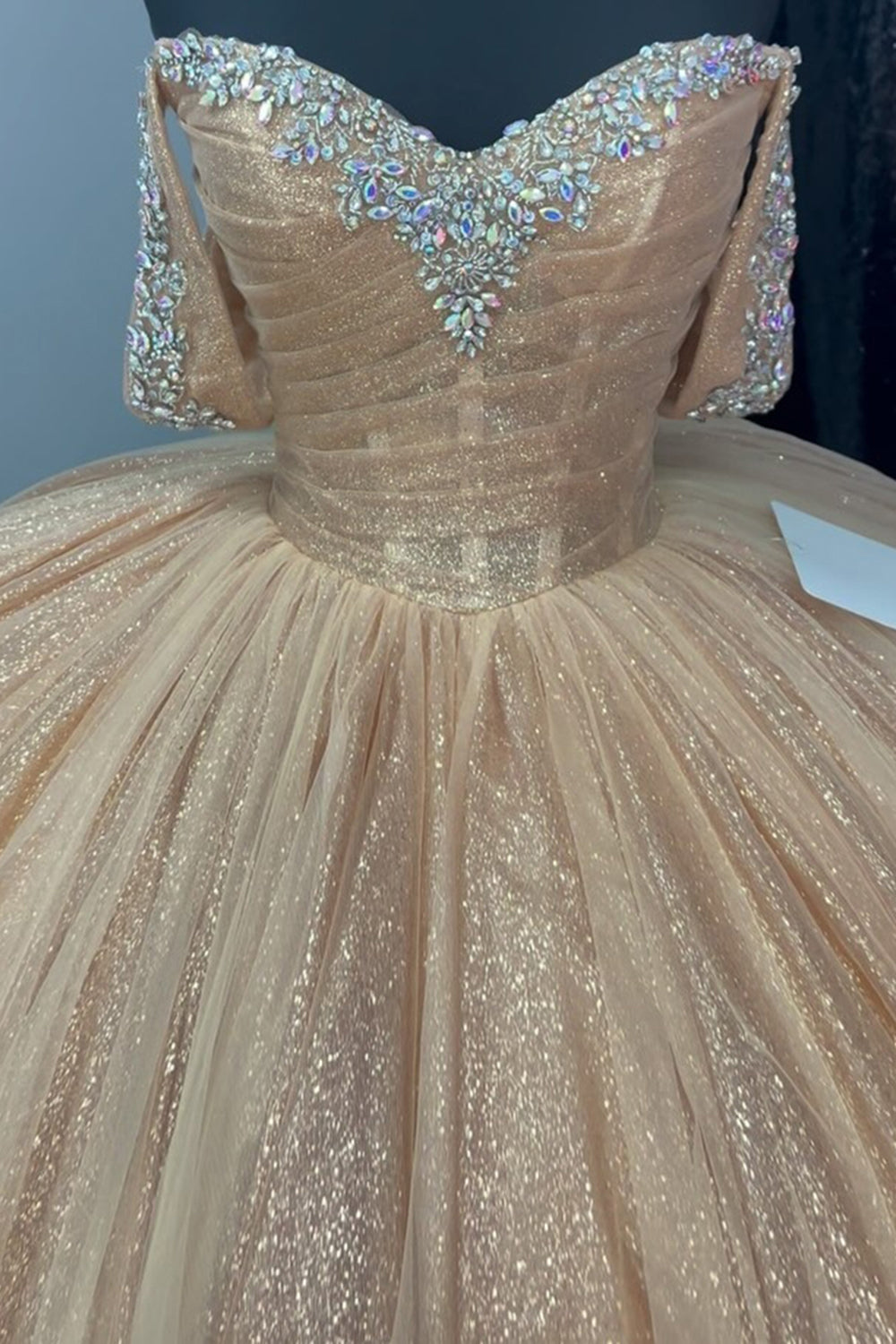 Off the Shoulder Quinceanera Dress in Sparkly Champagne Tulle