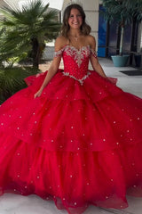 Tiered Off the Shoulder Quinceanera Dress in Sparkly Red with Beading