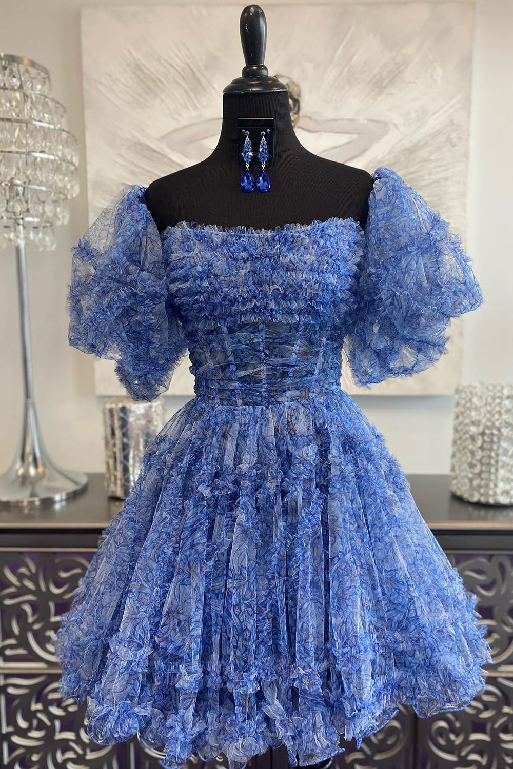 Blue Printed Detachable Sleeves Ruffled Short Homecoming Dress/Mini Dress