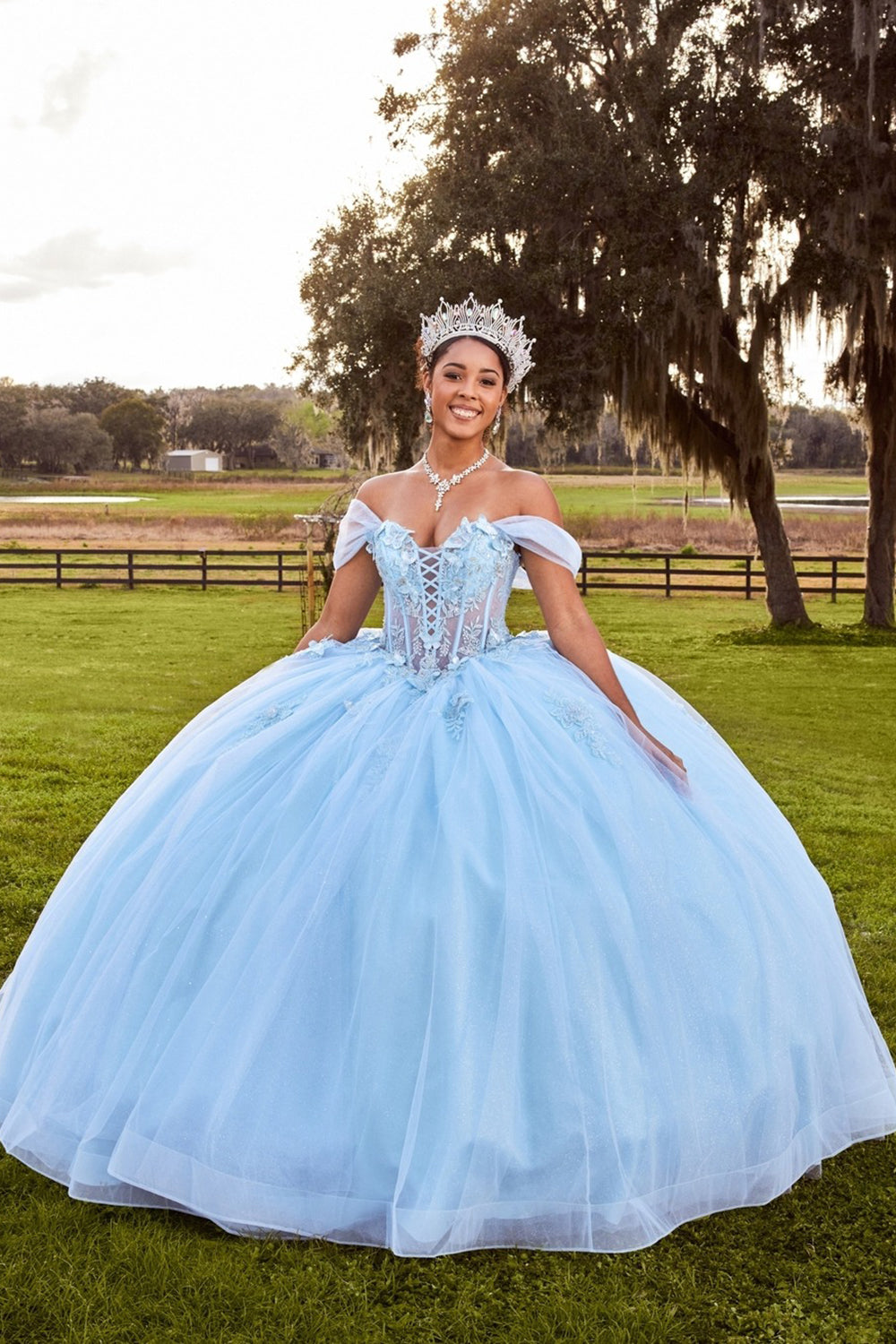 Long Light Blue Quinceanera Dress with Sparkly Corset and Tulle Appliques