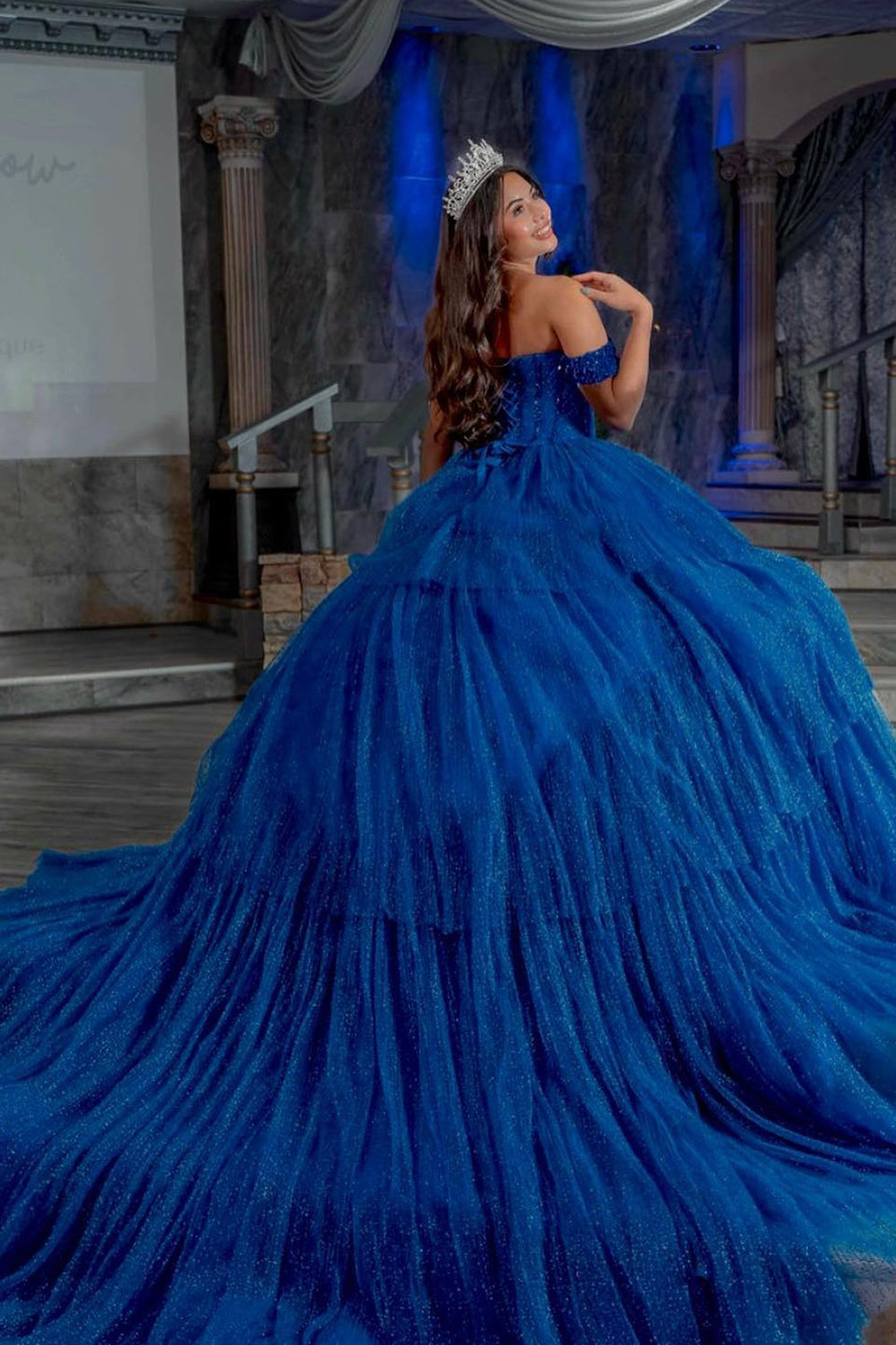 Royal Blue Sparkle Corset Quinceanera Dress with Tiered Tulle Ball Gown
