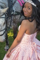 Long Pink Satin Princess Quinceanera Dress with Sweetheart Neckline and Lace