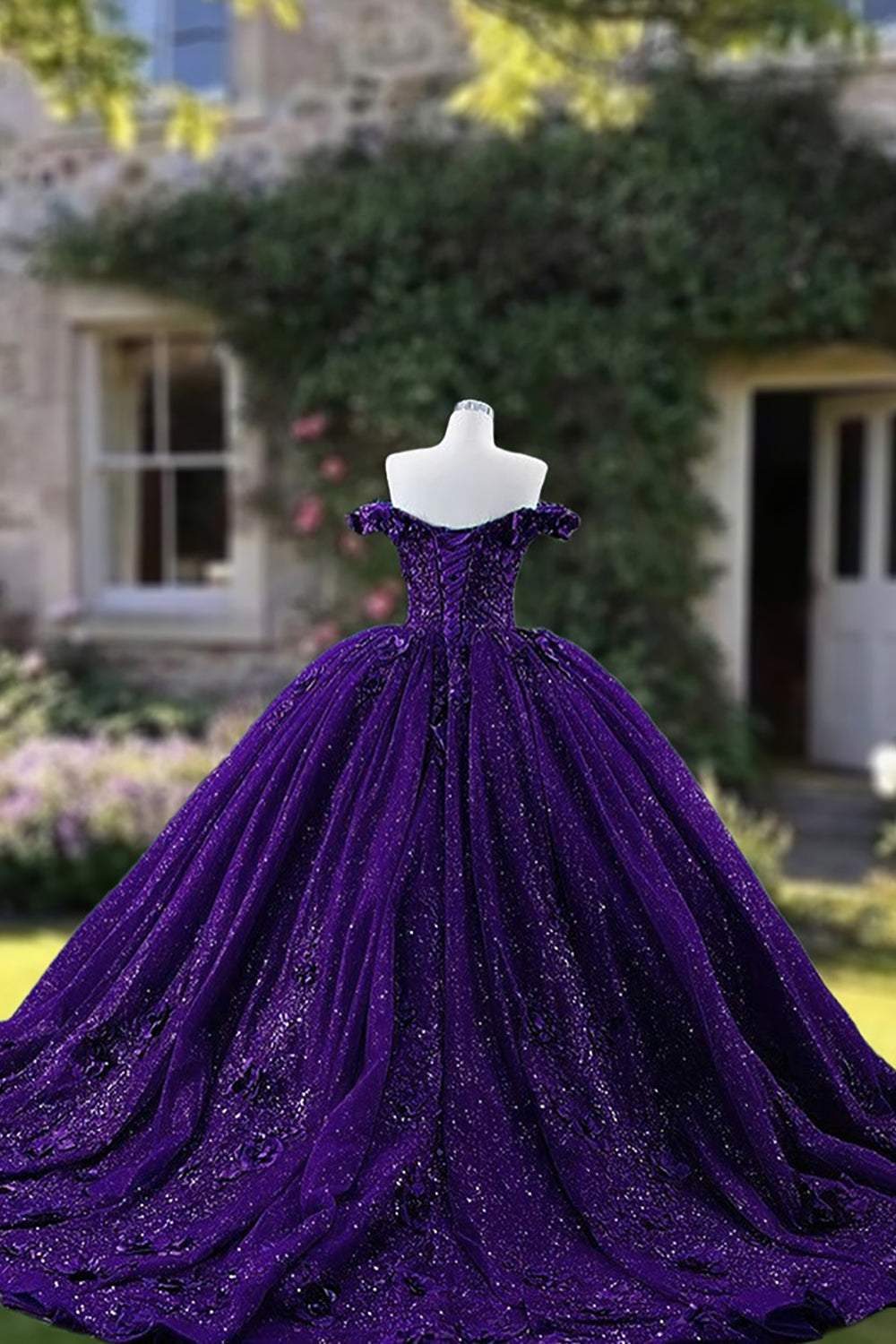 Purple Glitter Corset Princess Gown for Quinceanera with Off-Shoulder Design