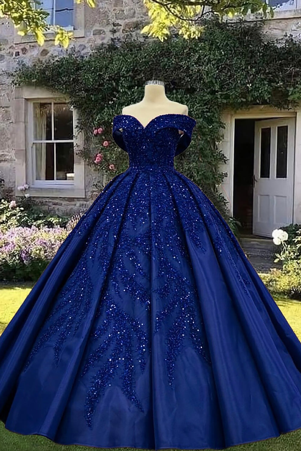 Royal Blue Sparkly Long Satin Princess Ball Gown with Sequins for Quinceanera
