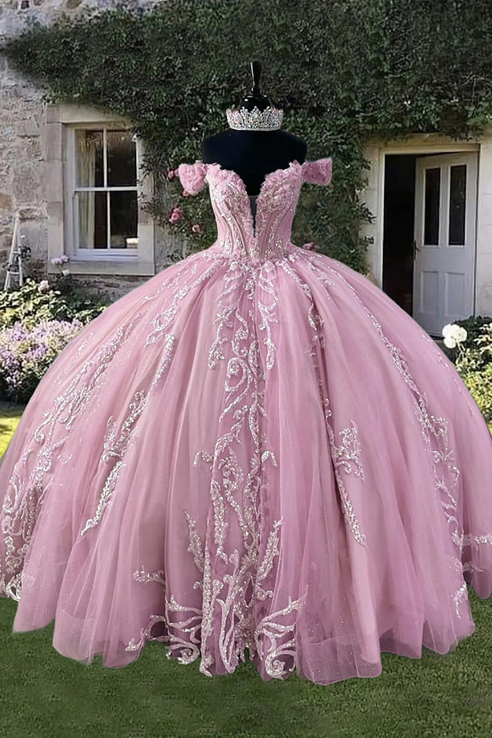 Long Off-the-Shoulder Princess Ball Gown in Sparkly Pink for Quinceanera