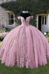 Long Off-the-Shoulder Princess Ball Gown in Sparkly Pink for Quinceanera